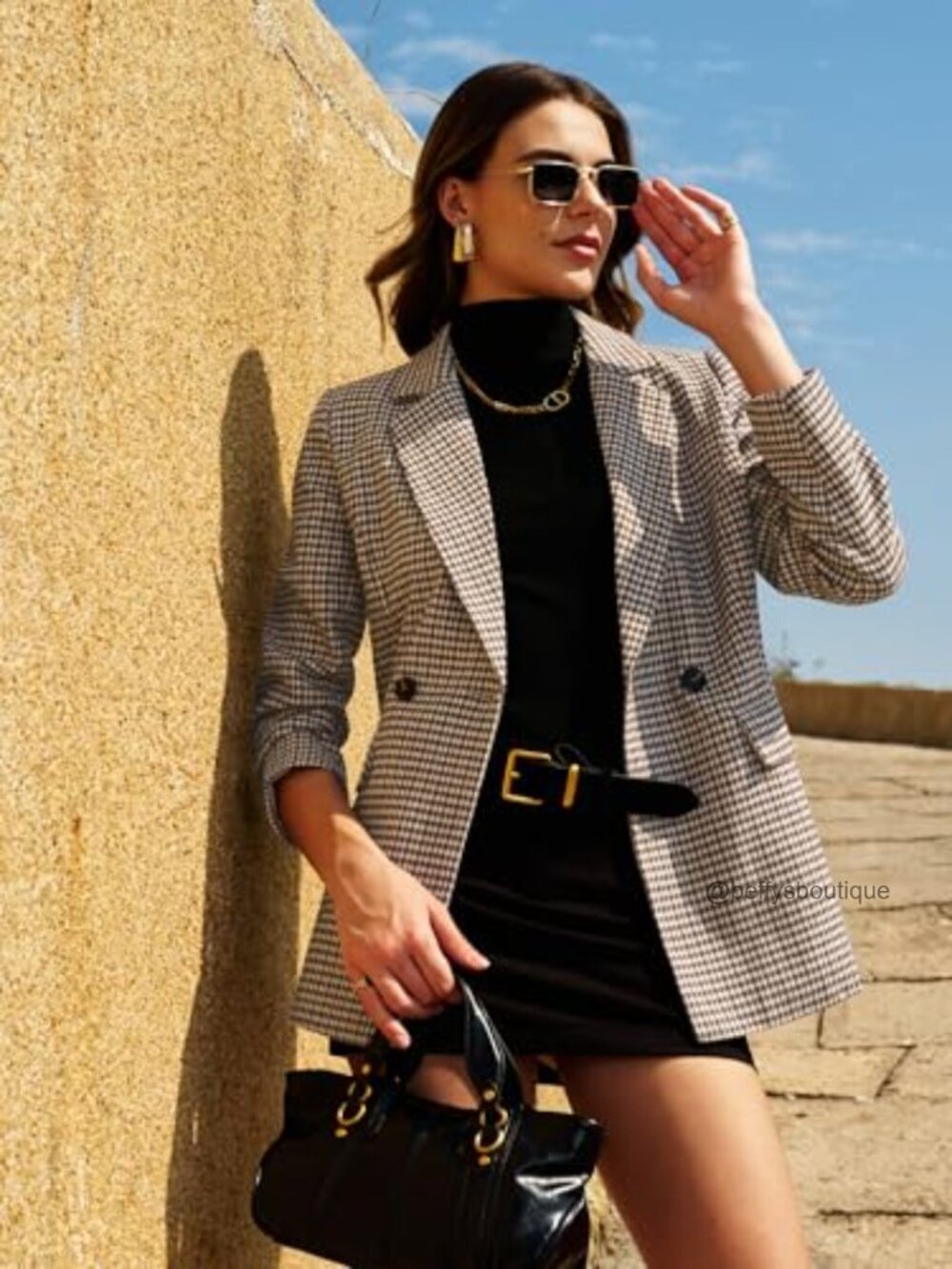 Oversized Plaid Tweed Blazer Fully Lined Notch Lapel Flap Pockets - Picture 4 of 7